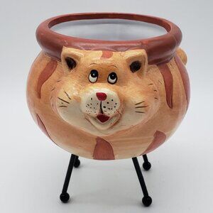 Brown Beige Whimsical Ceramic Cat Plant Stand with Black Metal Legs